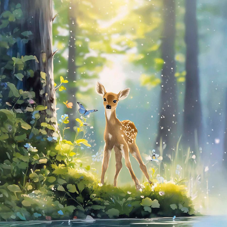 Illustratie van Bambi in het bos.