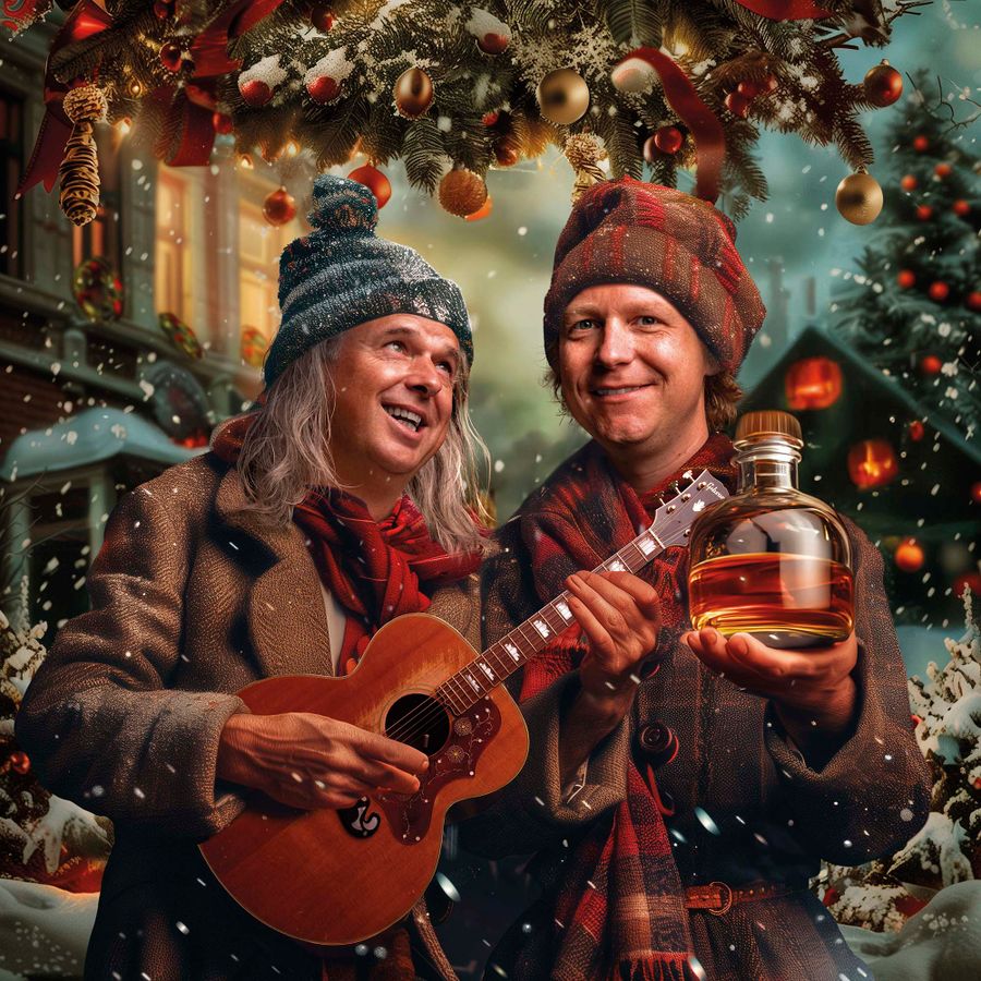 Twee lachende mannen in winterkleding met kerstversiering op de achtergrond.