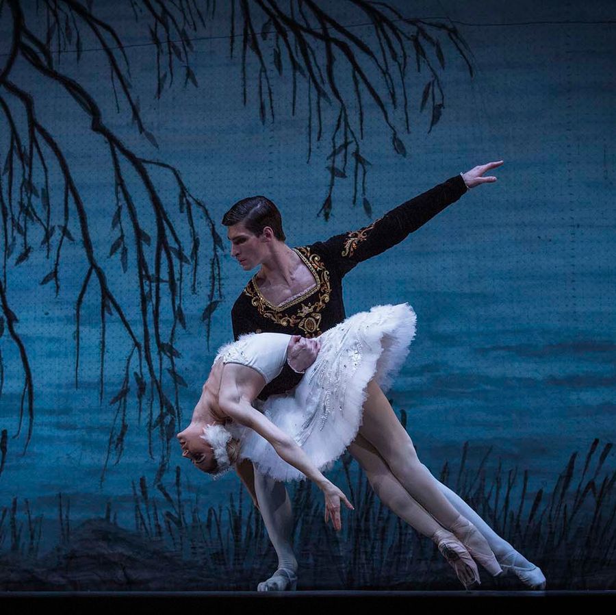 Twee dansers met ballet kleding. de man heeft de vrouw vast in zijn armen.