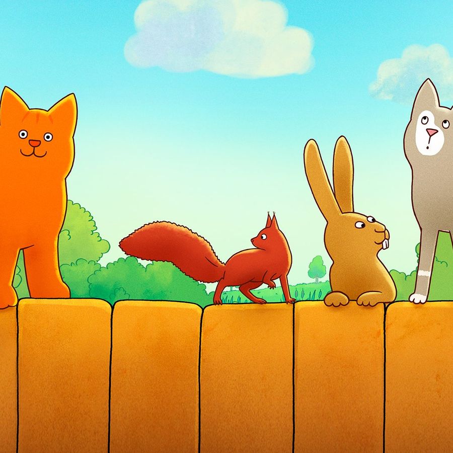 Illustratie van twee katten , een eekhoorn en een konijn die op een muurtje zitten.