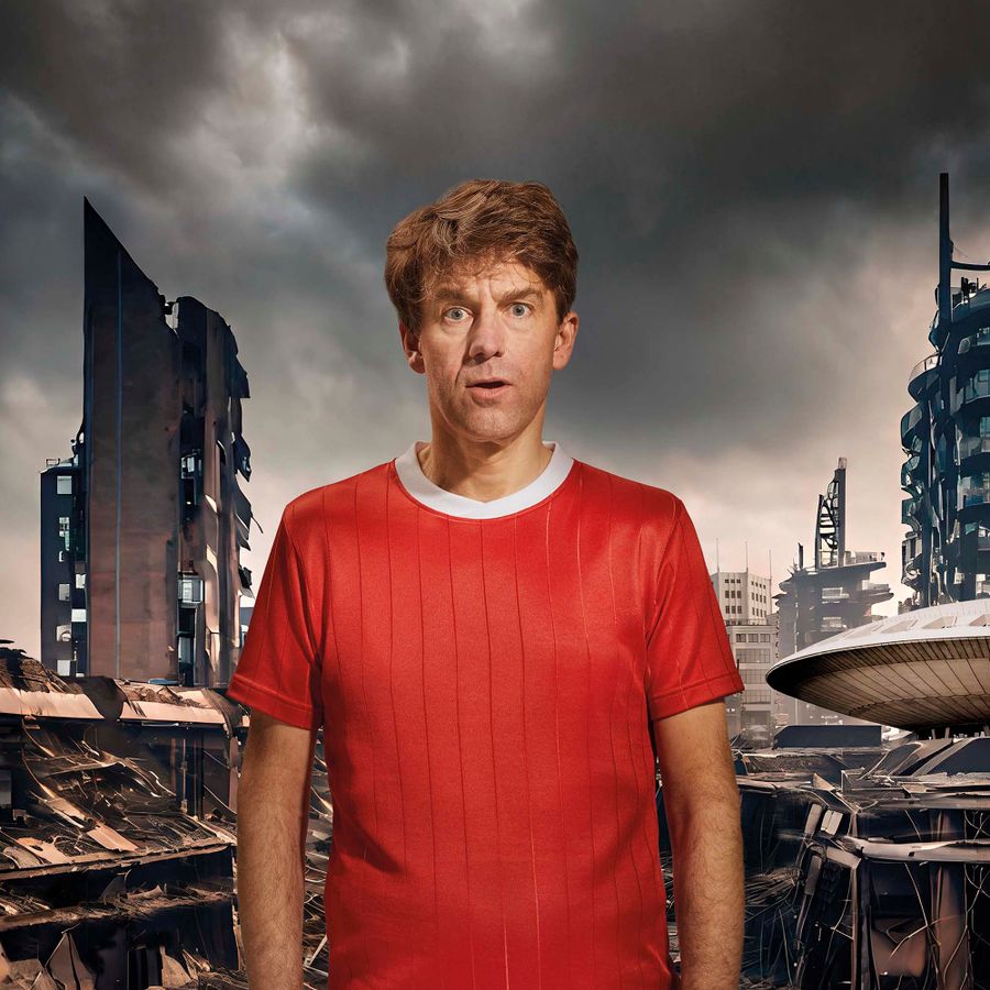 Remko kijkt met verbaasde blik, op de achtergrond hoge gebouwen.