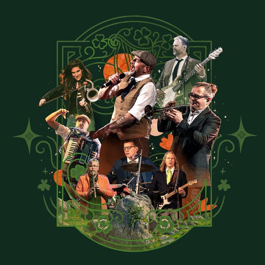 The Dutch Dubliners in actie tijdens een live optreden met een groene achtergrond.
